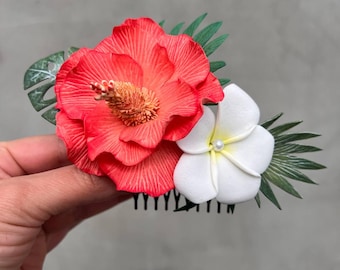 Tropical Flowe Hair Comb, Coral Red Hibiscus & White Plumeria Hair Piece, Bridal Floral Headpiece