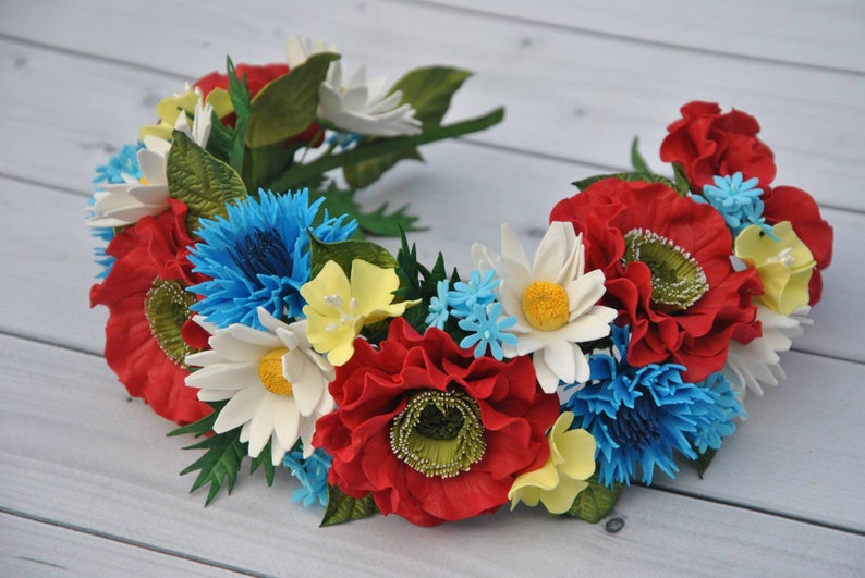 Day of the Dead flower crown Fiesta headpiece Mexican Festival Crown Red poppy floral crown Ukrainian hair piece daisy cornflowers
