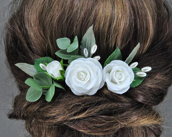 Eucalyptus hair pins bridal White rose wedding hair pins Eucalyptus pearl hair pins bridal Greenery wedding hair piece floral