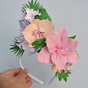 Tropical fascinator Tropical flower crown Hawaiian crown headband Bride to be headband
