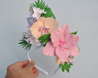 Tropical fascinator Tropical flower crown Hawaiian crown headband Bride to be headband