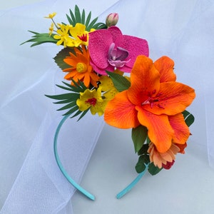 Bride to be headband Tropical flower headband Beach wedding flower crown Tropical hen party veil Bachellot party headband