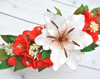 Tropical bridal hair clip White lily hair piece Wedding floral hair comb Lily headpiece Lilies hair clip Coral flowers wrist corsage