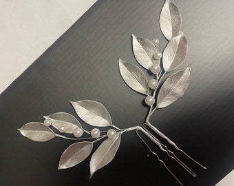 Horquillas plateadas de laurel con perlas, tocado de boda griego (juego de 2)