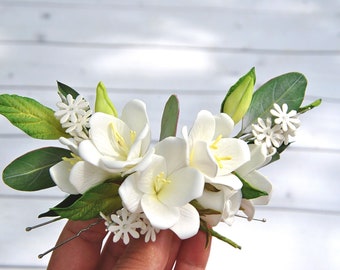 Bridal eucalyptus hair piece Greenery hair pins white freesia Wedding floral headpiece