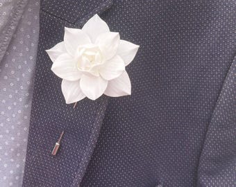 White Gardenia Lapel Pin, Wedding Flower Boutonniere, Groom Brooch Pin