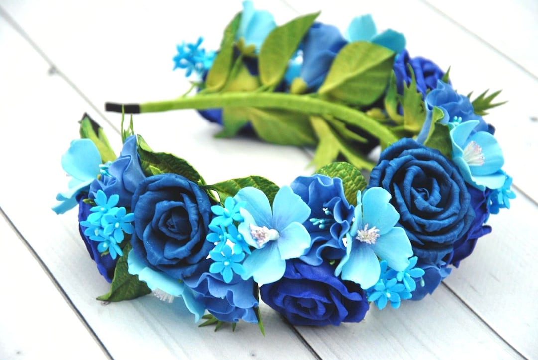 Royal Blue Flower Crown, Wedding Floral Headband - Etsy display picture 1