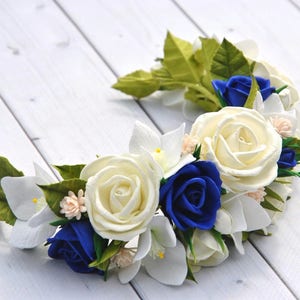 White blue wedding flower crown Roses flower headpiece Blue groom boutonniere Bridal hair clip Rose boutonniere Blue floral hair piece