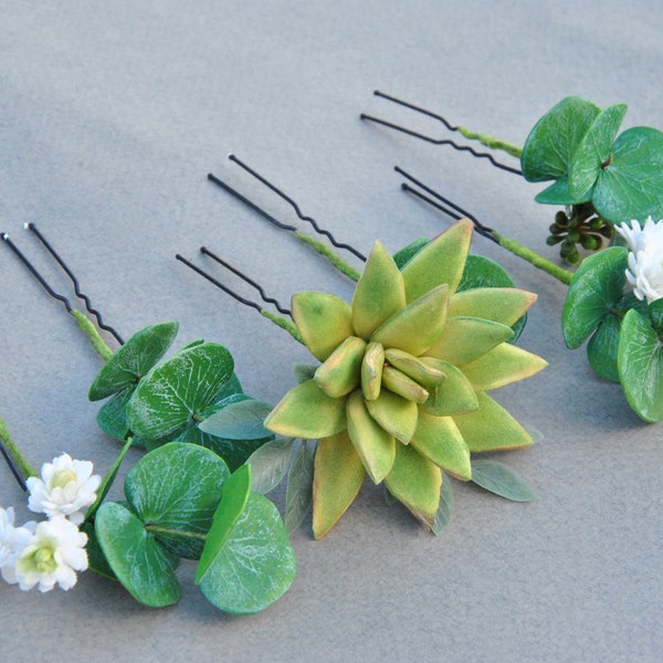 Succulent hair pin Eucalyptus bridal hair piece Babys breath headpiece greenery