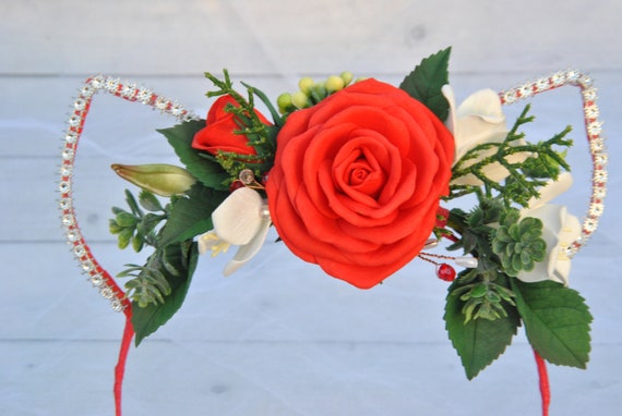 Cat Ears Headband Floral Flower Girl Headband Red Roses - Etsy display picture 2