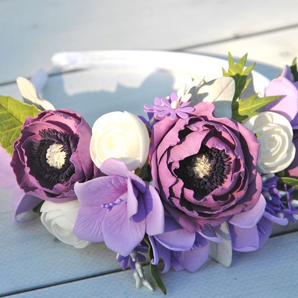 Purple flower crown Lavender flower headband Lilac hair piece Ultraviolet bridal headdress Flower girl headpiece