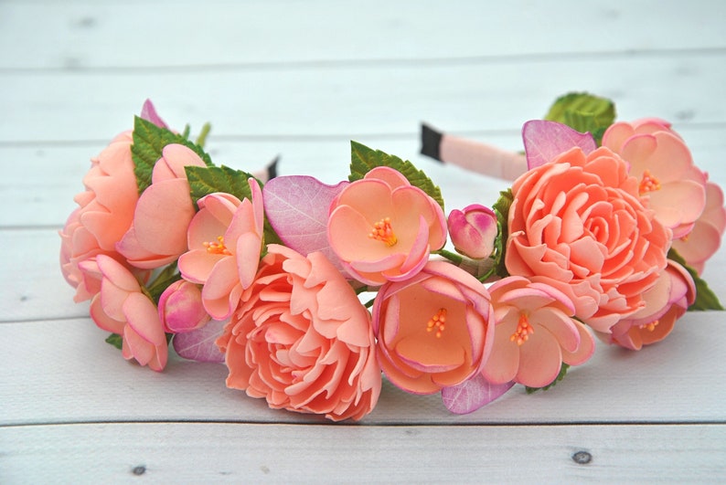 Coral Flower Crown for Women Peach Flower Girl Headband Baby Etsy