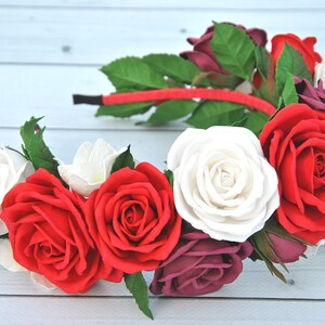Red flower crown headband Mexican flower crown Red white bridal headpiece, flower girl headband Day of the dead hair piece