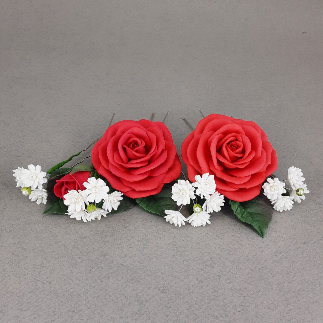 Red Rose Hair Pins Wedding Hair Piece Babys Breath Bridal Hair Etsy