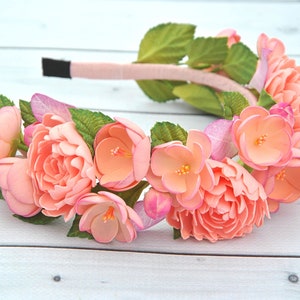 Coral flower crown for women Peach flower girl headband Baby girl hair piece peony