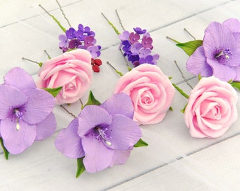 Lilac flower hair pins bridal Purple pink bridal hair piece Lily roses wedding flower hair pins