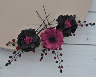 Goth hair pin Black burgundy flower hair pin Maroon black gothic wedding hair piece Crystal floral hair accessory