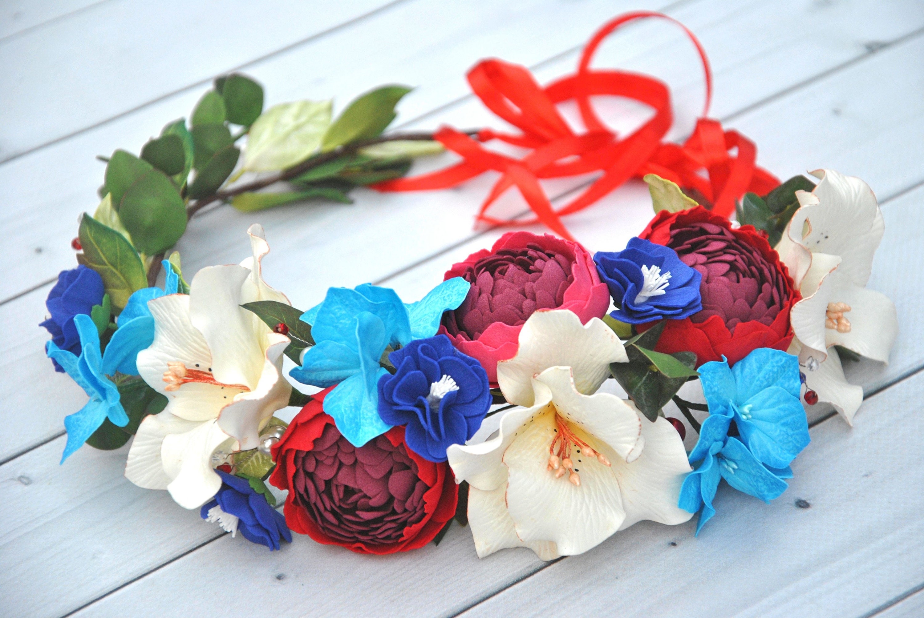 Red White and Blue Flower Crown Bridal Hair Piece Peony Lily