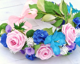 Tropical Flower Crown: Blue, Pink Rose Lily Headpiece - Etsy display picture 3