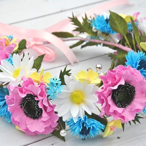 Folk Blumenkrone Ukrainische Hochzeit Blumenkrone Wildblumen Braut Haarschmuck Rosa blau weiß Blumenkrone Mohn Gänseblümchen Kornblumen