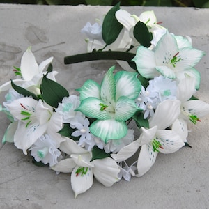 Tropical wedding flower crown Bridal headband white lily Flower girl headband Wedding headpiece for women