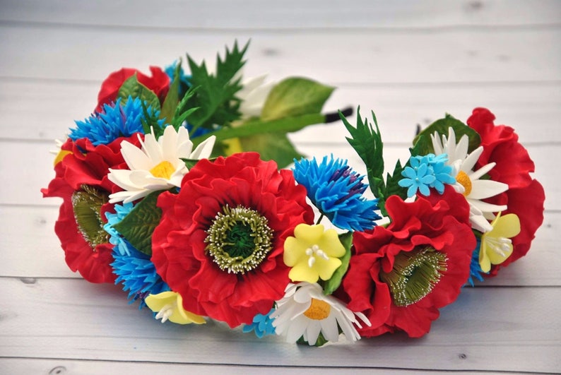 Day of the Dead flower crown Fiesta headpiece Mexican Festival Crown Red poppy floral crown Ukrainian hair piece daisy cornflowers