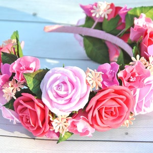 Pink roses flower crown bride Flower headband Hot pink fairy crown Flower girl headband Wedding headpiece