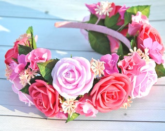 Pink roses flower crown bride Flower headband Hot pink fairy crown Flower girl headband Wedding headpiece