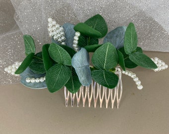 Eukalyptus Perlen Haarkamm Braut Haarschmuck grün Hochzeit Blumen Kopfschmuck