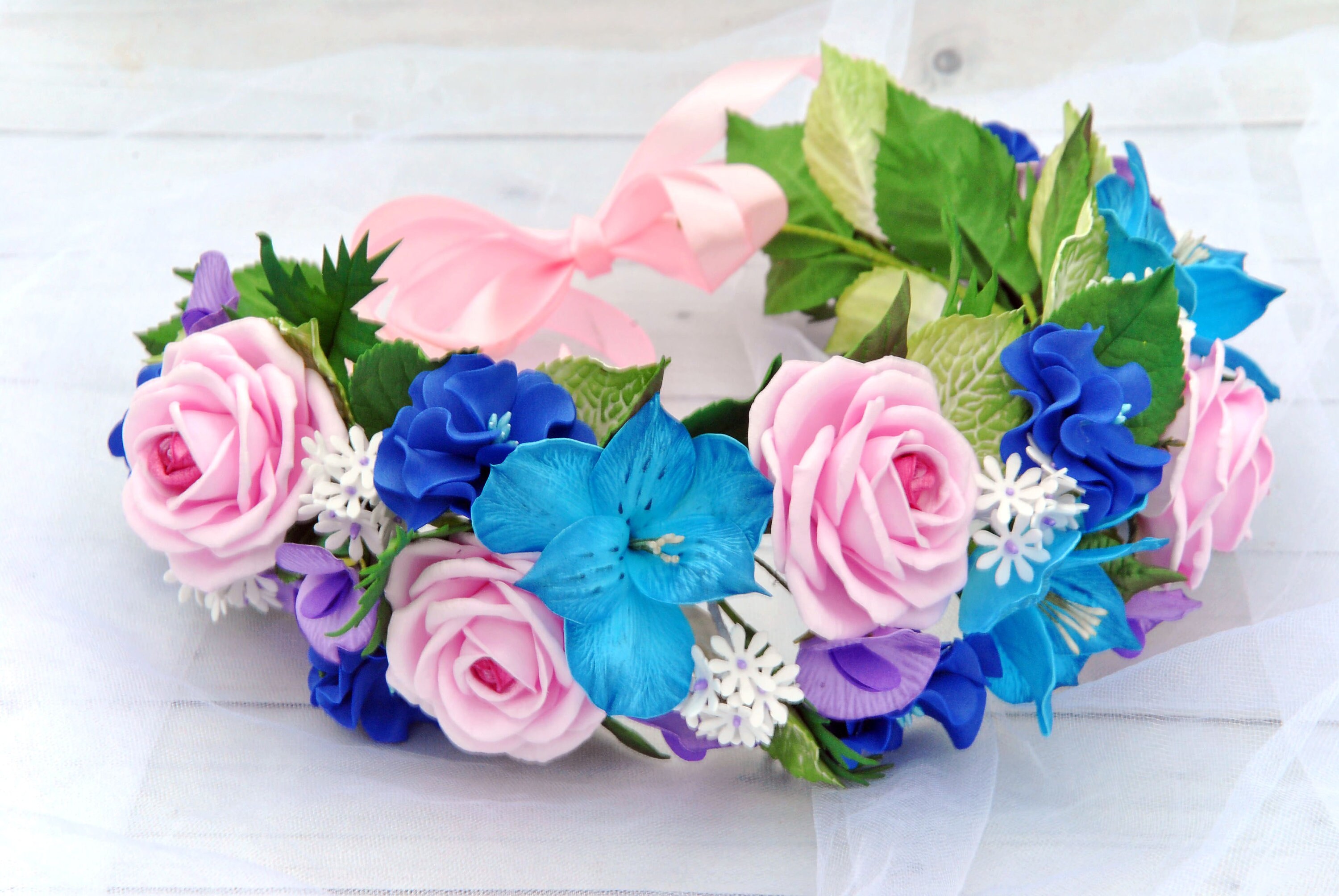 Hawaii flower crown blue pink Tropical wedding headpiece | Etsy