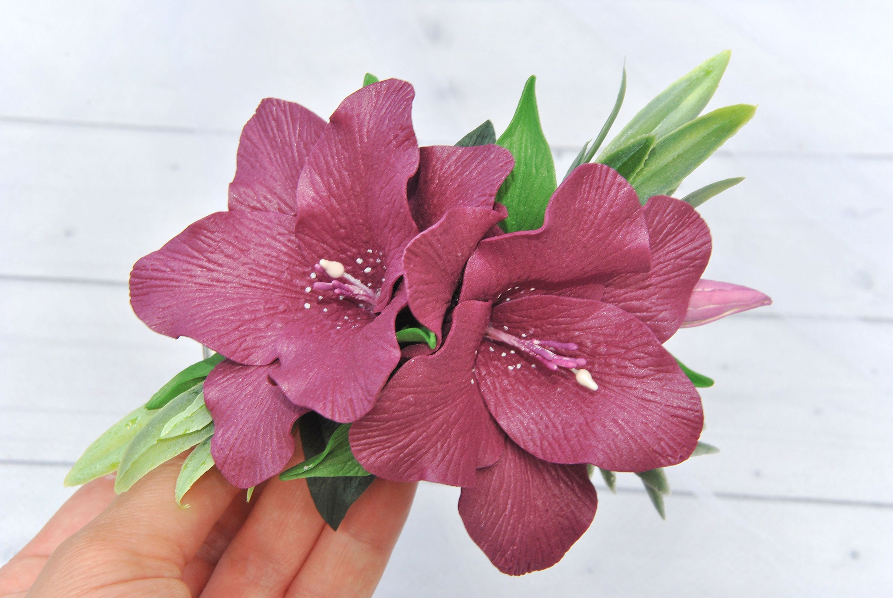 Lily hair clip burgundy Tropical wedding hair piece Lilies Etsy