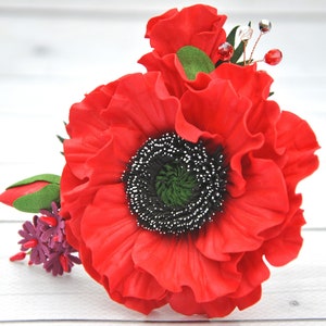 Poppy flower brooch, Red flower hair clips Poppy floral hair piece