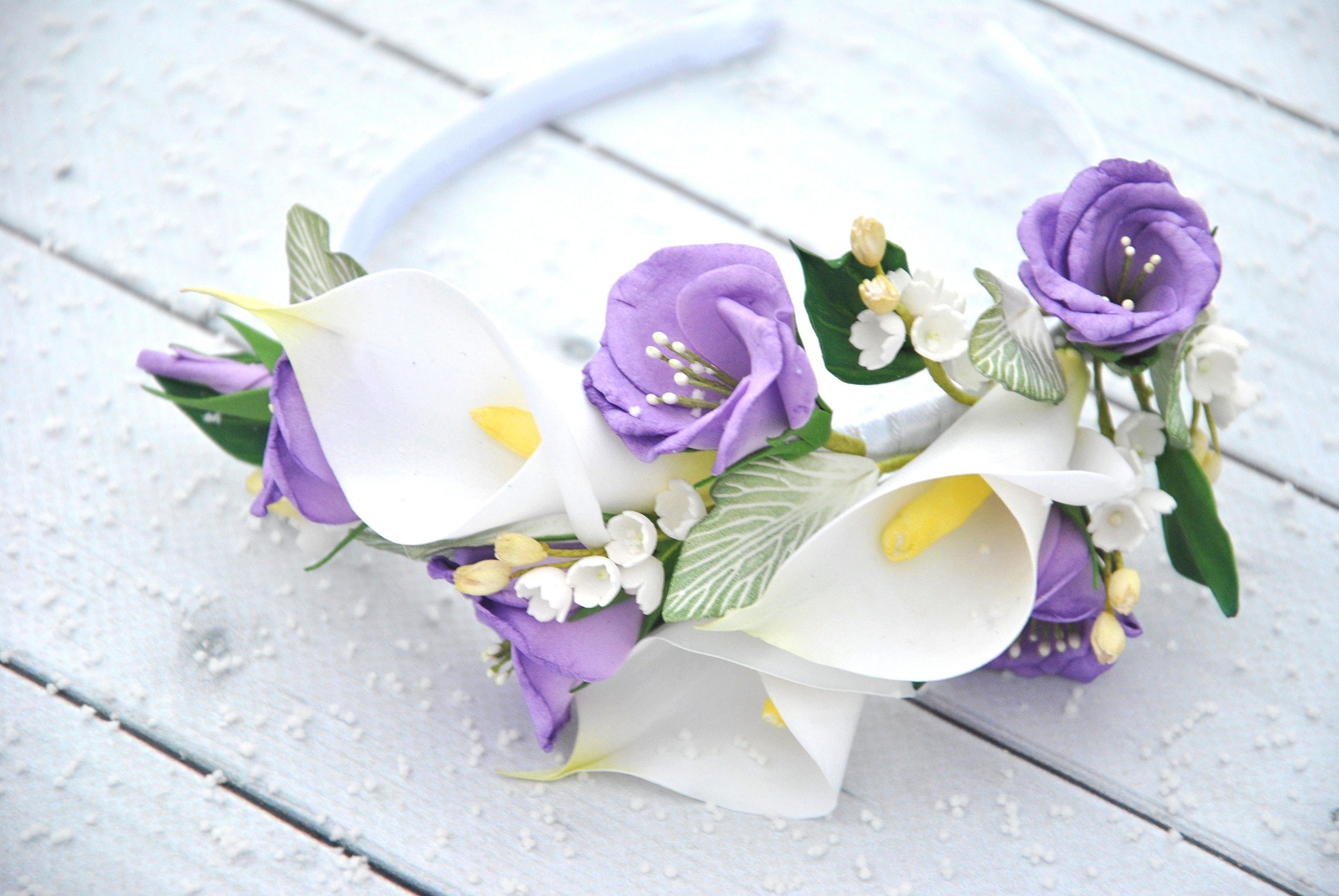 Lilac white flower girl crown Calla lily headband Bridal hair Etsy