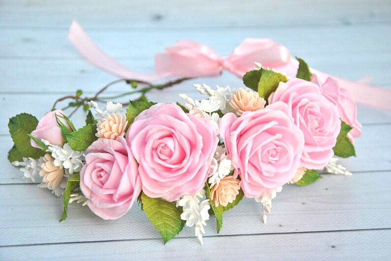 Pink roses flower headpiece bridal dusty floral crown hair wreath Flower girl hair piece Blush headdress