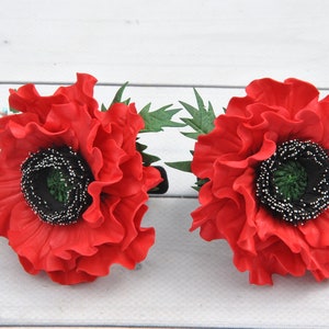 Poppy hair clips, pins Baby flower elastic ties Red poppy hair piece Floral ponytail holder Red hair flowers for girls