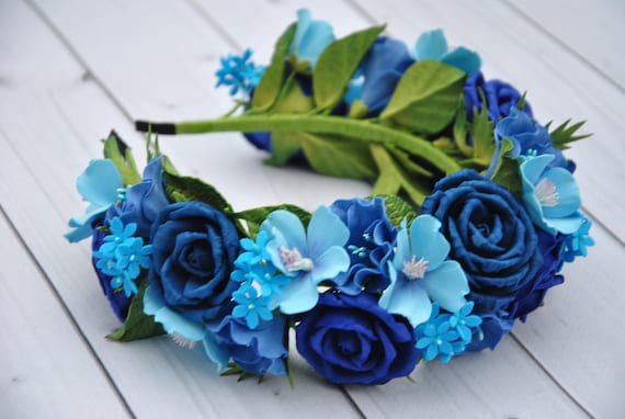 Royal Blue Flower Crown, Wedding Floral Headband - Etsy display picture 3