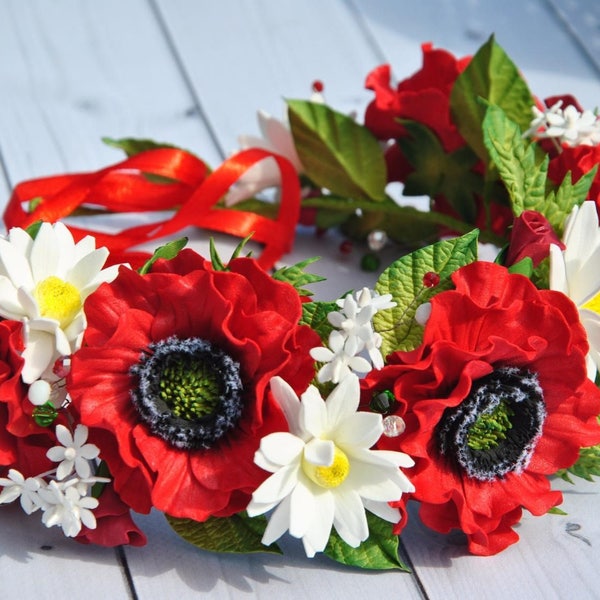 Poppy flower crown Bridal red flower headpiece Rustic floral crown daisy Ukrainian wedding hair piece
