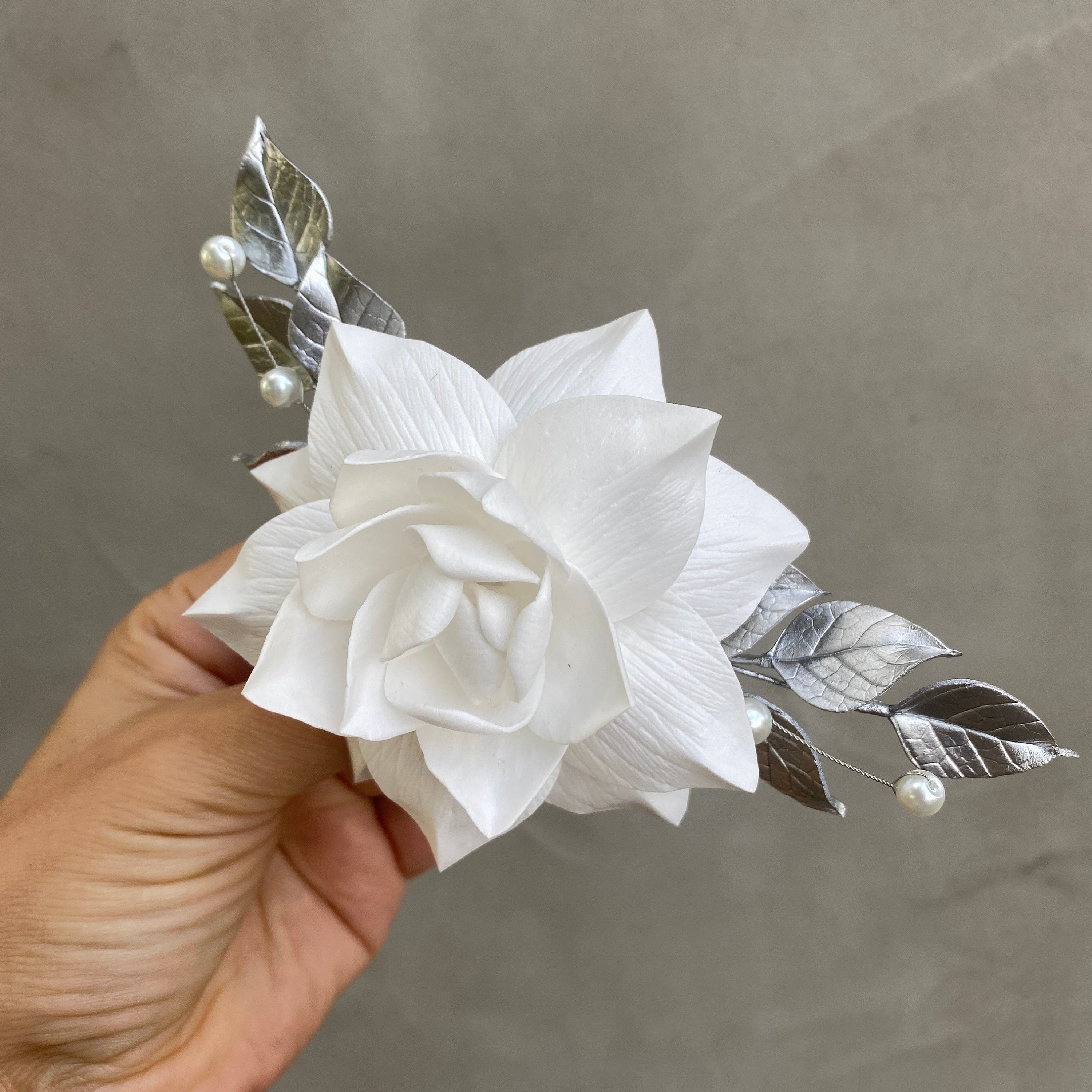 Handmade Gardenia Bridal Hair Comb, Gold Leaf & Pearl 