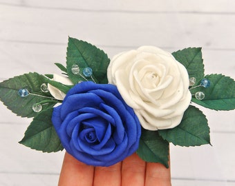 Royal blue hair clip Blue rose wedding headpiece Blue white bridal hair piece