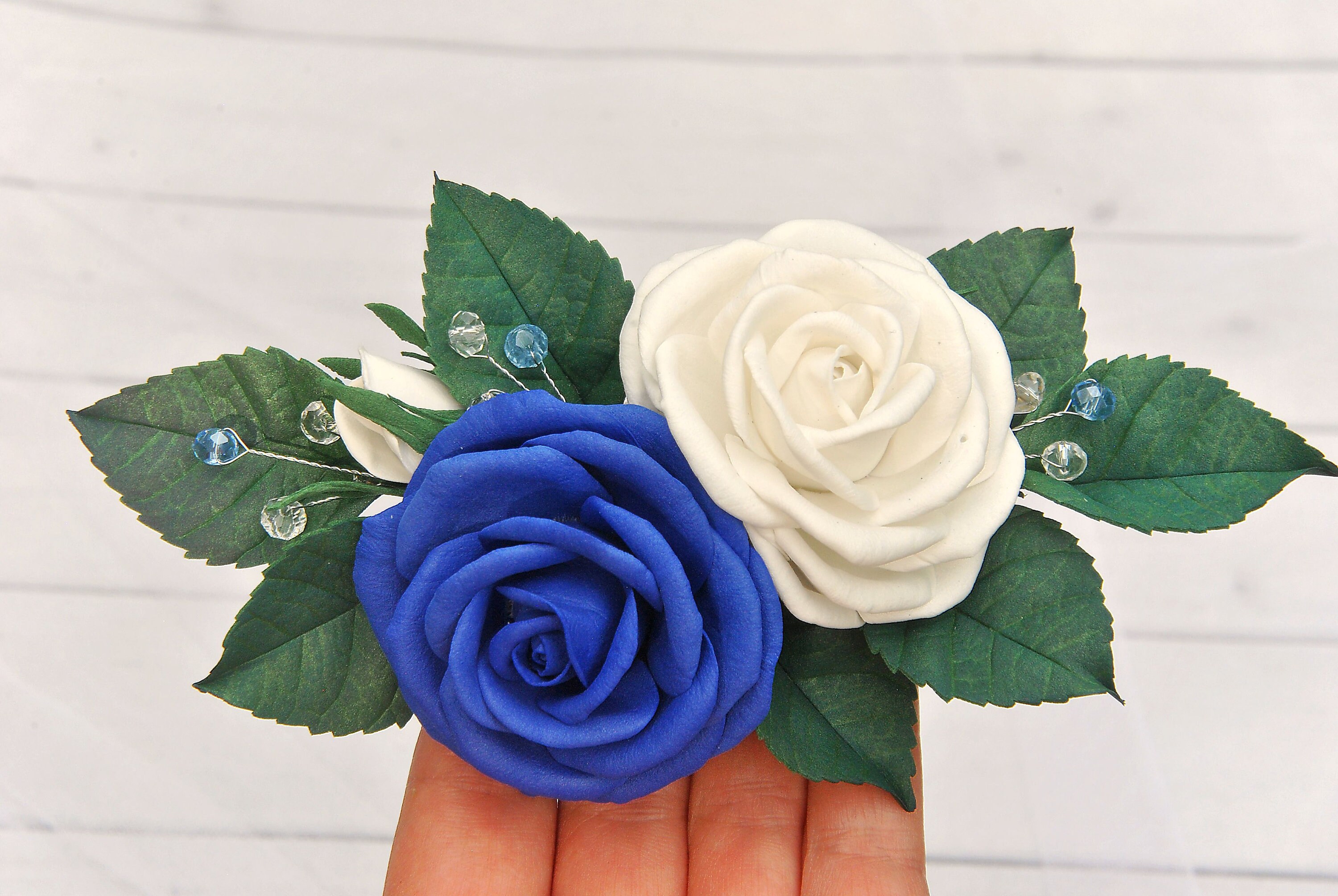 Royal blue flower hair clip Blue and white wedding headpiece Royal blue bridal hair piece Wedding hair clip Bridesmaids hair accessory