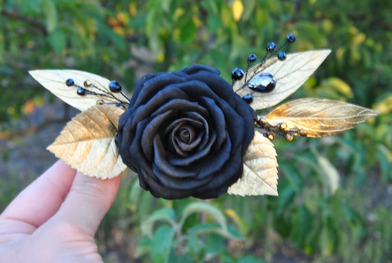 Gothic Black Rose Hair Clip: Rose Gold Leaves, Halloween  display picture 2