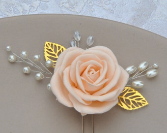 Gold leaf hair pin Peach flower hair pins Pearl hair piece wedding Rose hair pin bridal Women hair accessory Wedding headpiece