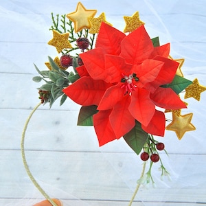 Christmas headband red Poinsettia star headpiece Winter flower and gold stars crown