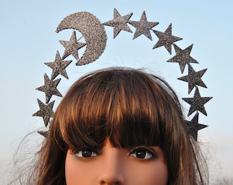 Star moon headpiece Star tiara crown adult Halloween headband Celestial headpiece women Dark silver star headband Moon and star halo crown