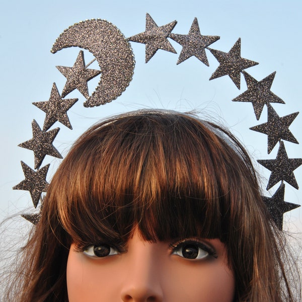 Star moon headpiece Star tiara crown adult Halloween headband Celestial headpiece women Dark silver star headband Moon and star halo crown