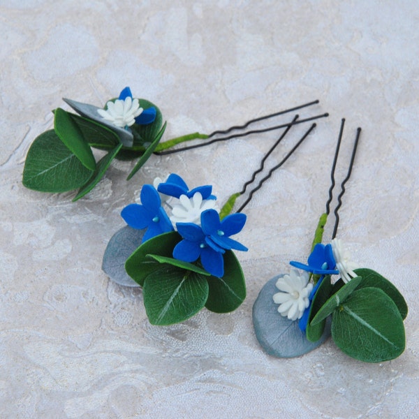Blue flower hair pins wedding Eucalyptus, babys breath, hydrangea hair piece bridal