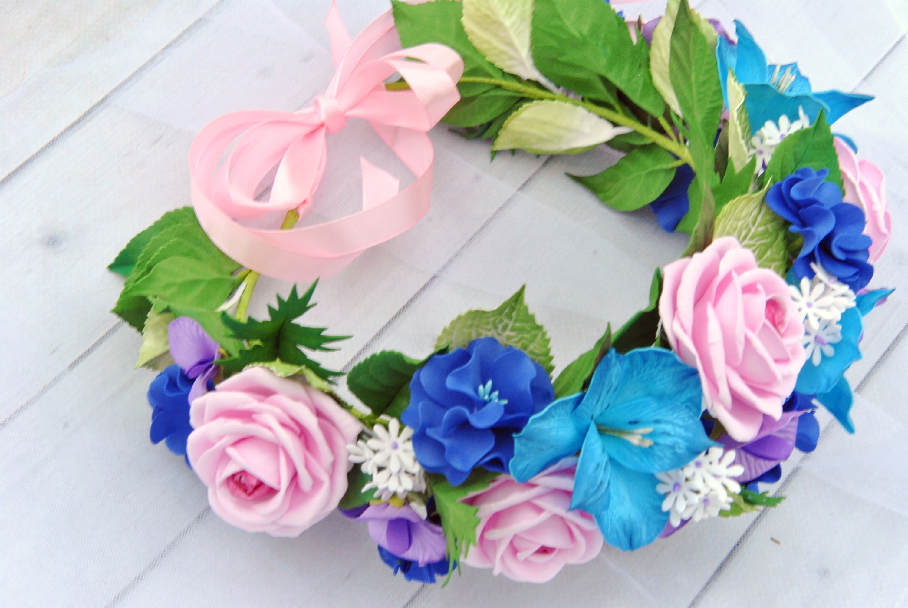 Hawaii flower crown blue pink Tropical wedding headpiece Etsy