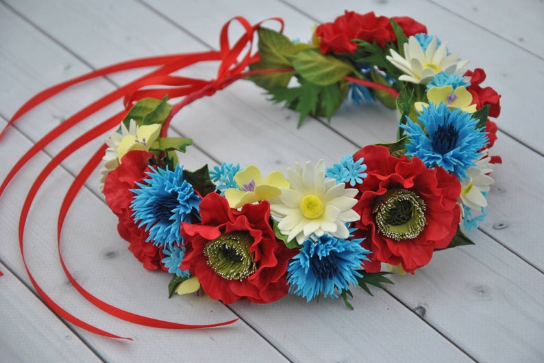 Day of the Dead flower crown Fiesta headpiece Mexican Festival Crown Red poppy floral crown Ukrainian hair piece daisy cornflowers
