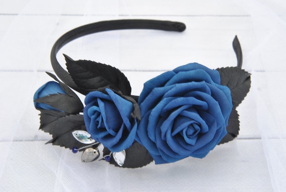 Blue and Black Flower Crown Goth Wedding Headpiece Halloween  display picture 2