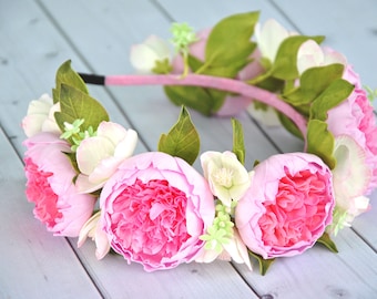 Rosa Pfingstrose Blumenkrone, Boho Hochzeit Stirnband